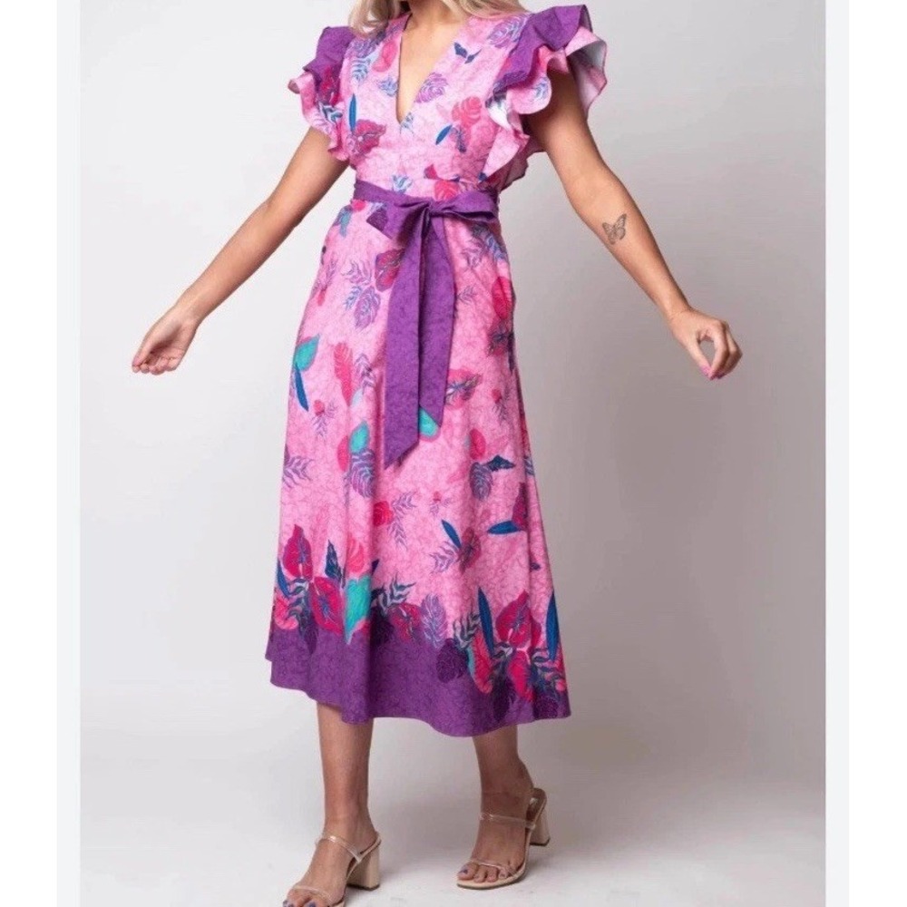 Celina Moon Women Sz S Meaghan Midi Dress Pink Short Ruffle Sleeve Cotton Poplin - Picture 3 of 16